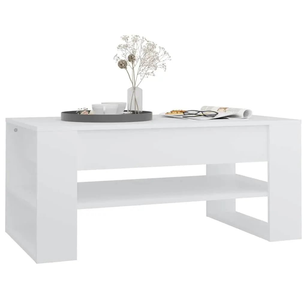 White Engineered Wood Coffee Table Spacious Tabletop with Storage Shelf 102L x 55W x 45H cm