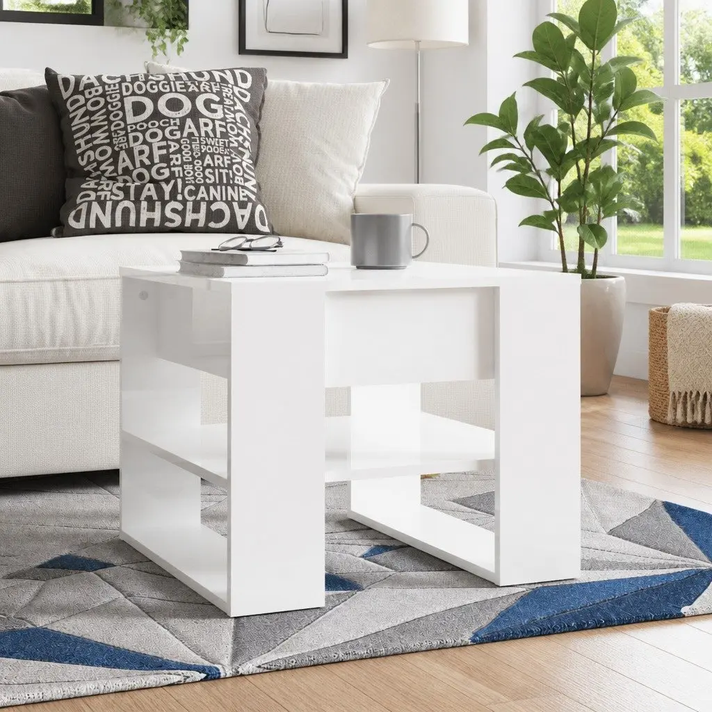 Coffee Table High Gloss White Storage Shelf 55.5 x 55 x 45 cm
