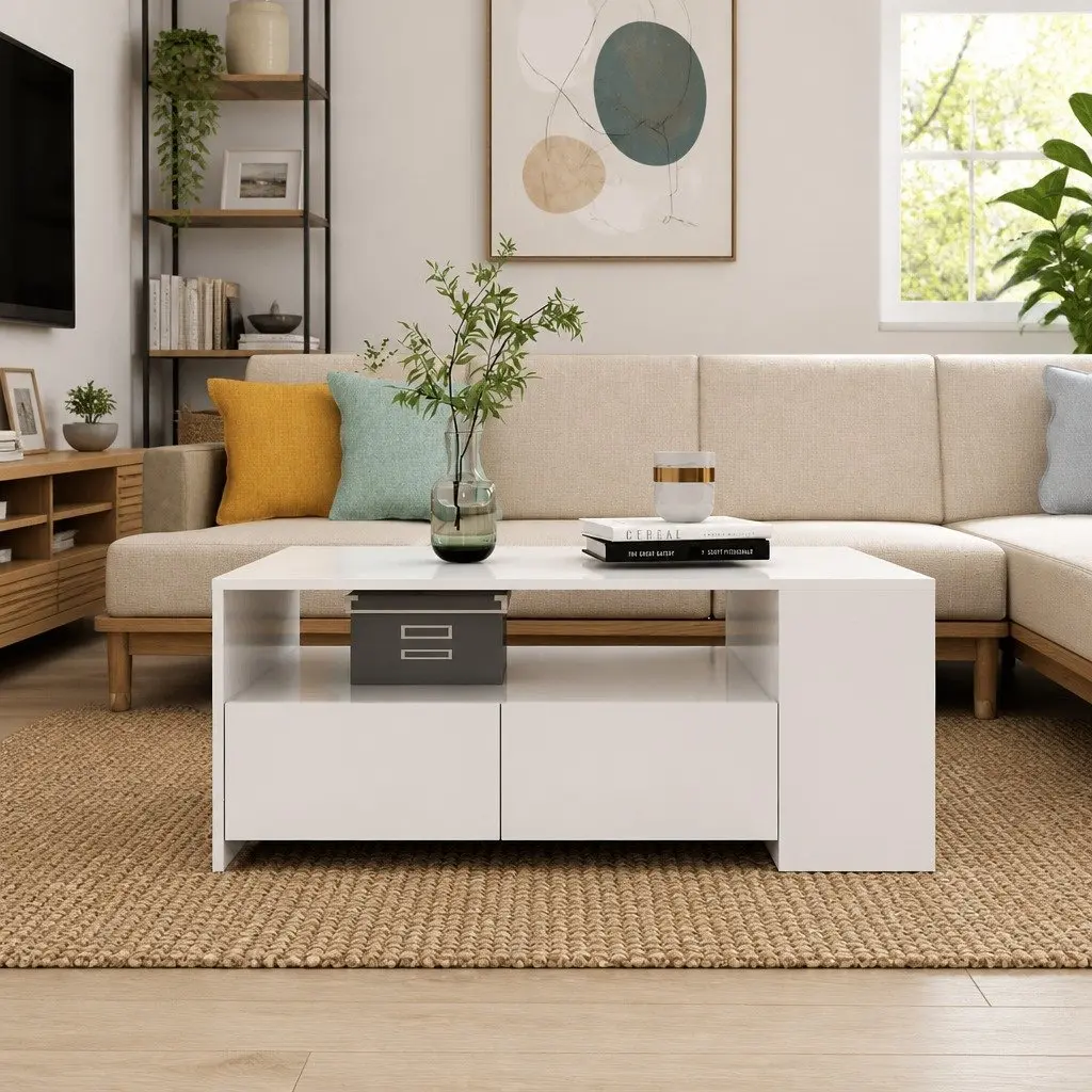 Coffee Table White Storage Shelf Drawers 102L x 55W x 42H cm