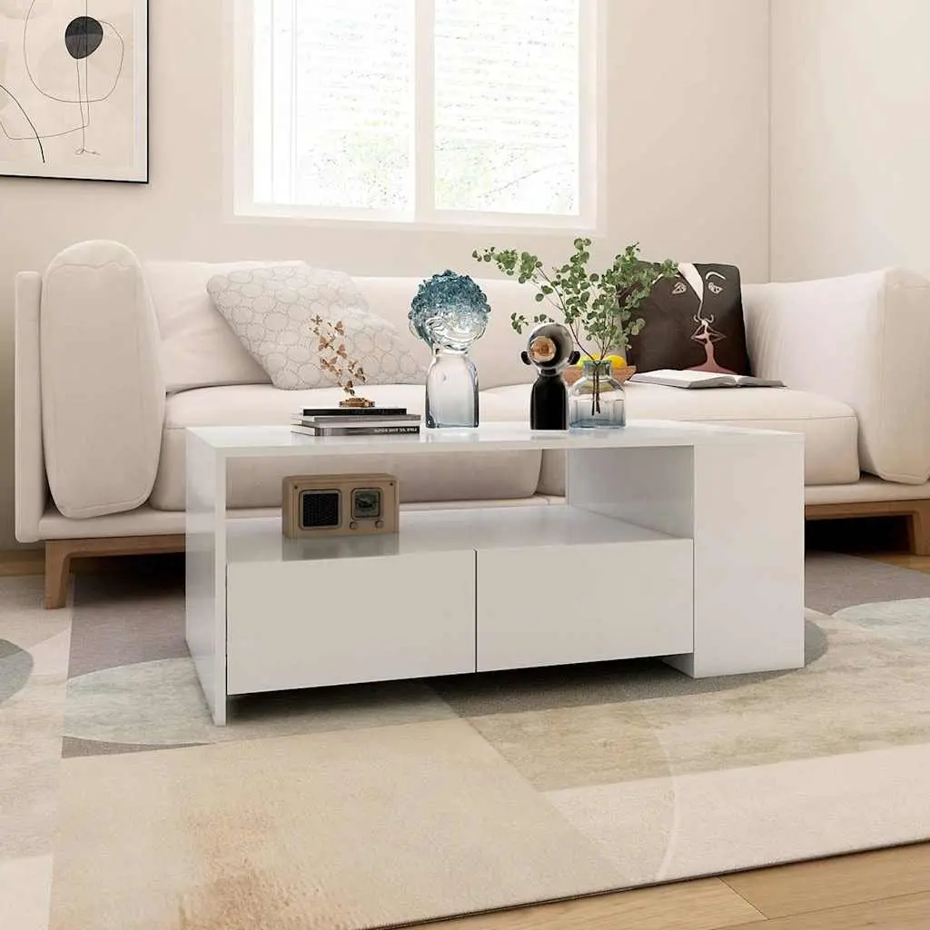 Coffee Table White Storage Shelf Drawers 102L x 55W x 42H cm