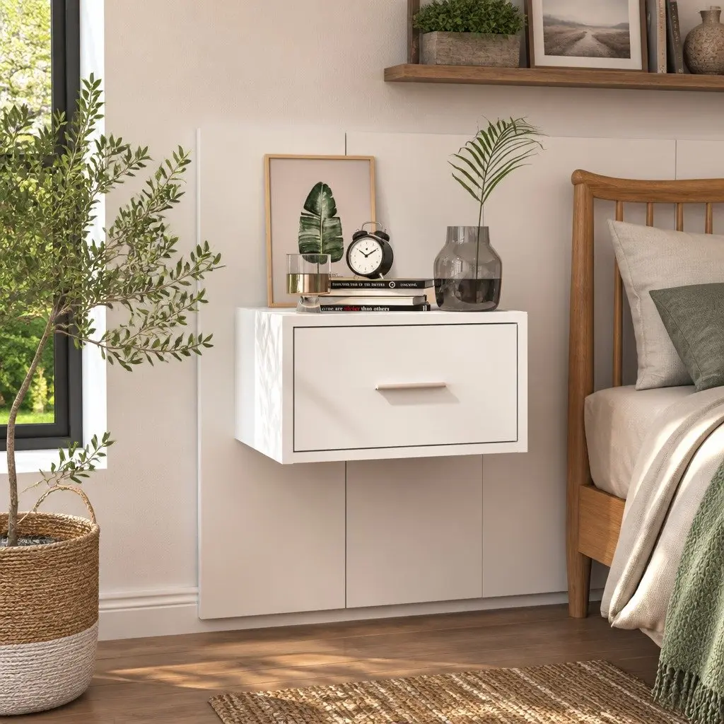 Wall-mounted Bedside Cabinet with Drawer Storage White Floating Bedroom Unit