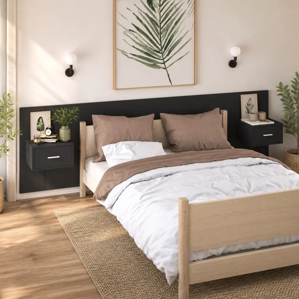 Wall-mounted Bedside Cabinets Black Floating Storage Drawer 2 Piece