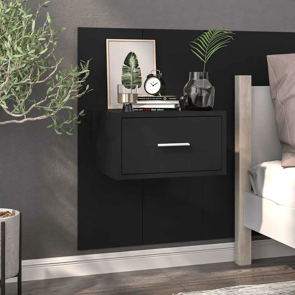 Wall-mounted Bedside Cabinets Black Floating Storage Drawer 2 Piece