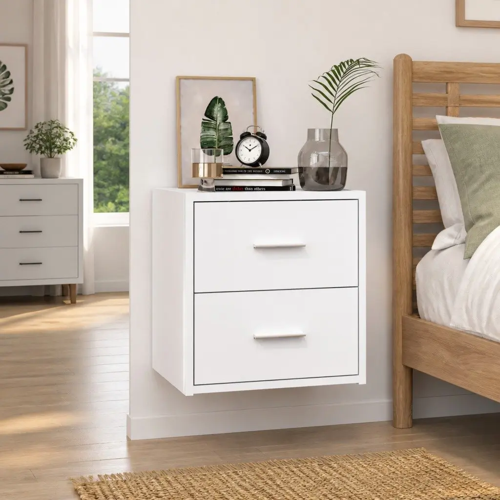 Floating Wall-mounted Bedside Cabinet High Gloss White Storage Unit