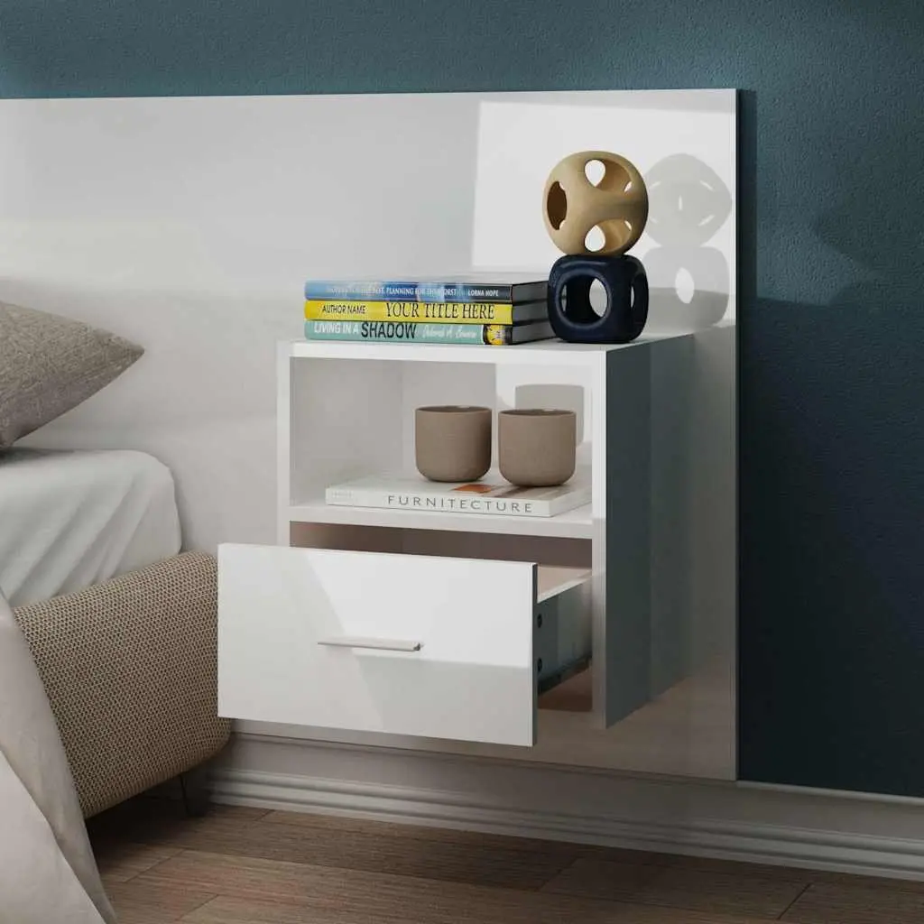 Wall-mounted Bedside Cabinet Storage Unit White High Gloss