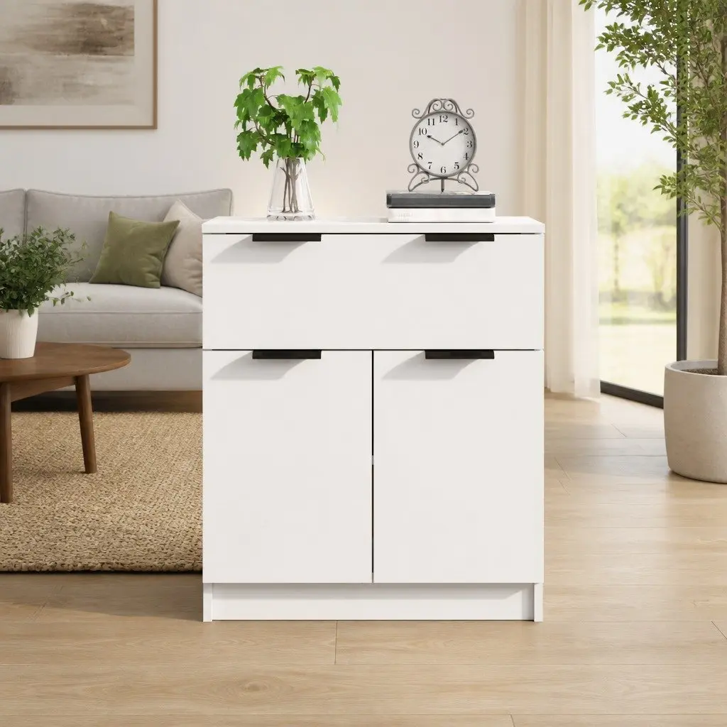 Sideboard White Engineered Wood 60x30x70 cm Storage Cabinet with Drawer and Doors