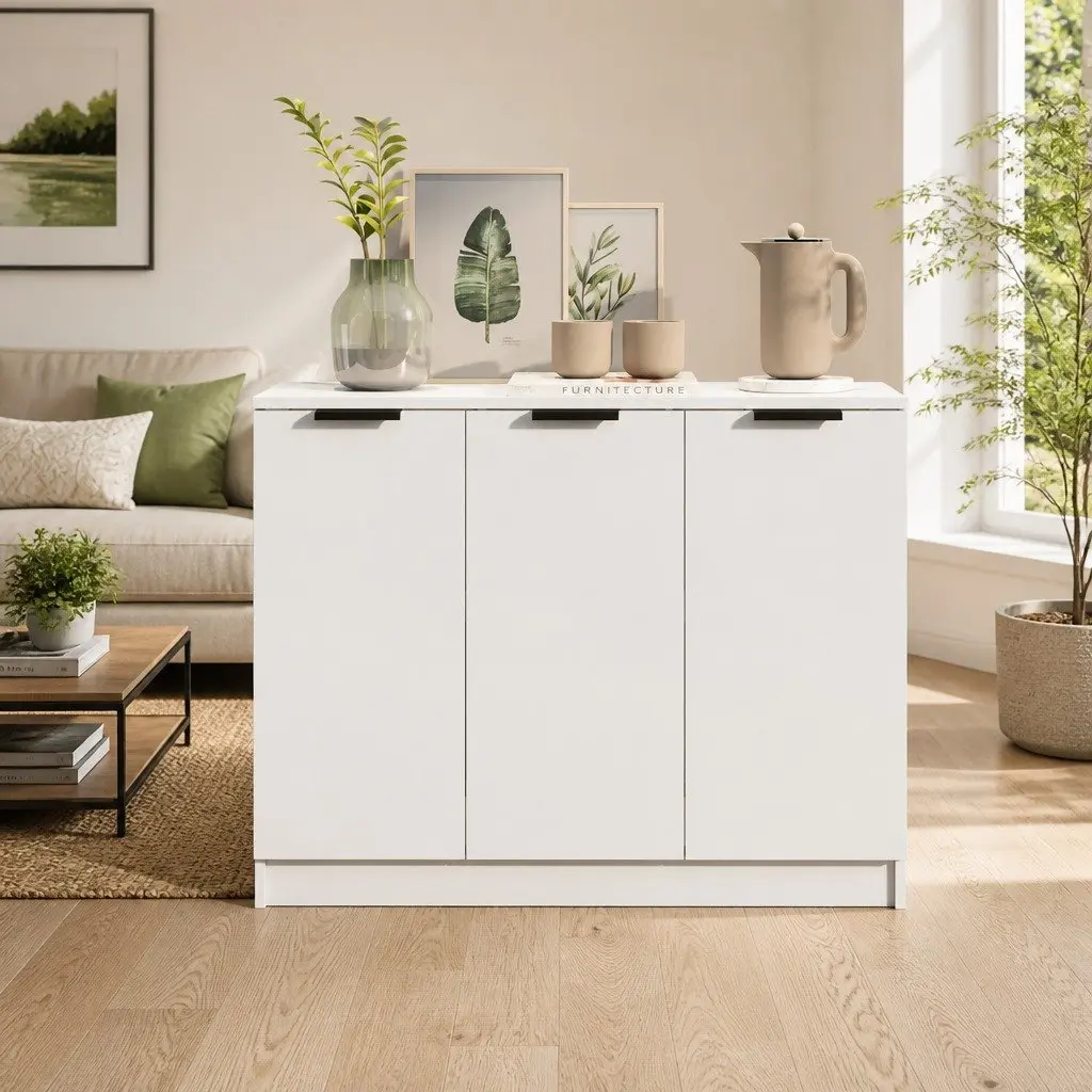 Sideboard White 90.5x30x70 cm 3 Door Storage Cabinet Engineered Wood Furniture
