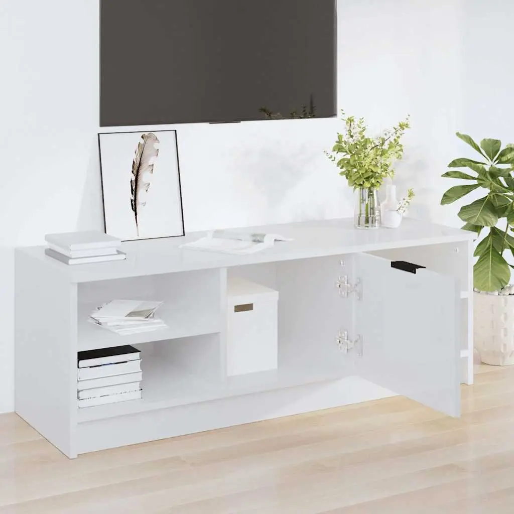TV Cabinet High Gloss White Engineered Wood Storage Unit 102 x 35.5 x 36.5 cm