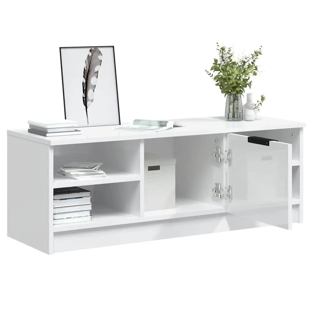 TV Cabinet High Gloss White Engineered Wood Storage Unit 102 x 35.5 x 36.5 cm
