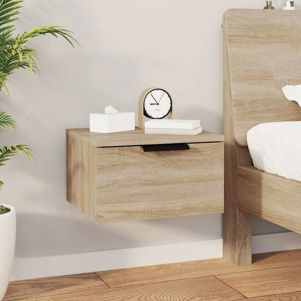 Wall-Mounted Bedside Cabinet Floating Storage Organiser Brown Oak 34x30x20cm