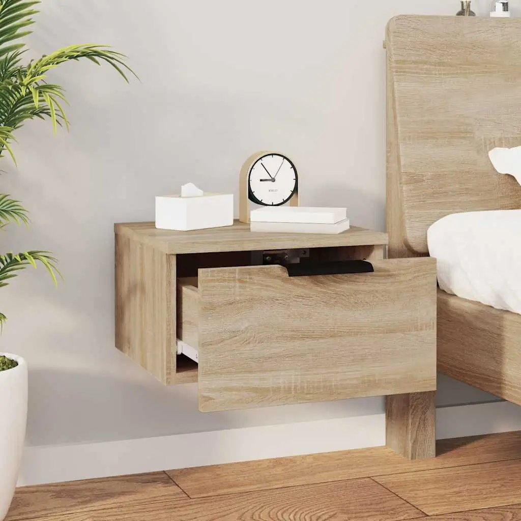 Wall-Mounted Bedside Cabinet Floating Storage Organiser Brown Oak 34x30x20cm