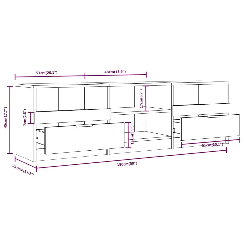 TV Cabinet White Engineered Wood Media Storage Unit 150 x 33.5 x 45 cm