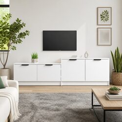 TV Cabinet White Engineered Wood Storage Unit With Doors and Compartments