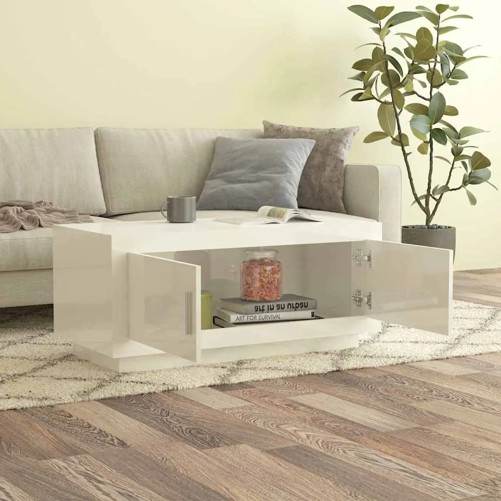 Coffee Table White High Gloss Storage 2 Door Accent Living Room Furniture