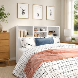 Headboard Cabinet White 120cm Bedroom Wall Storage Organiser with Compartments