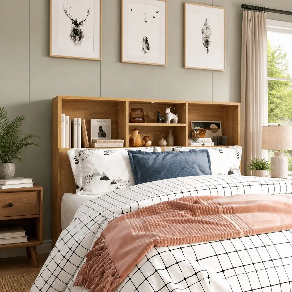 Headboard Cabinet Wall-Mounted 120cm Bedroom Storage Bookcase with Compartments