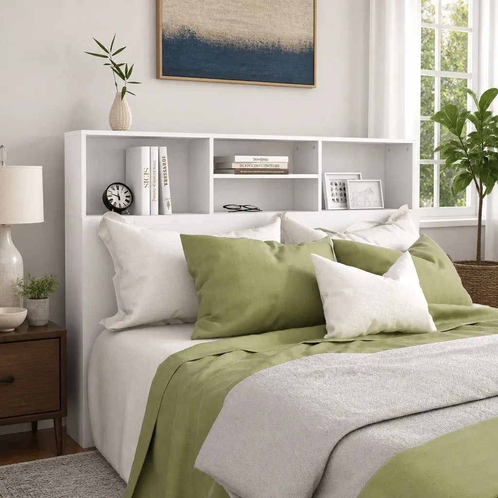 Headboard Cabinet White Wall-Mounted Bedroom Storage Bookcase with Compartments 140 x 19 x 103.5 cm