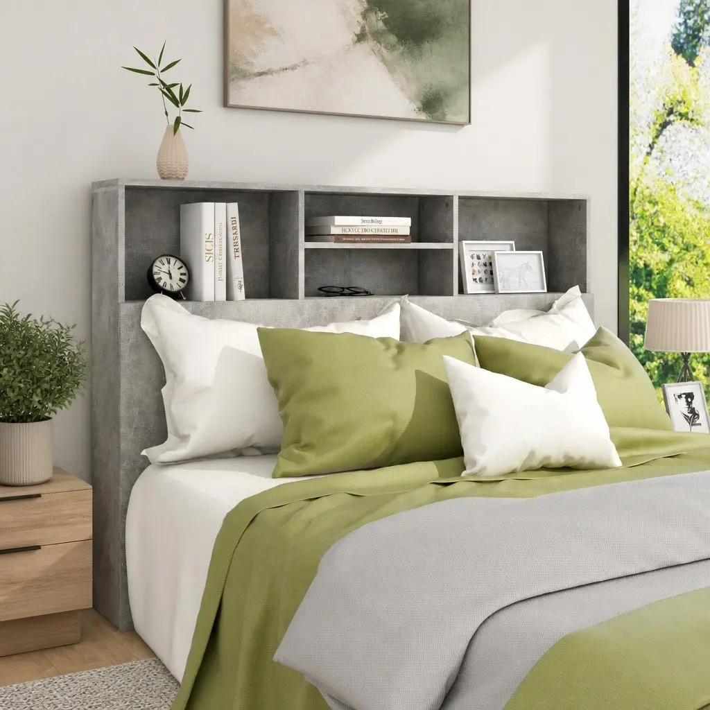 Grey Wall-Mounted Headboard Storage Cabinet 140cm with Compartment for Books and Decor