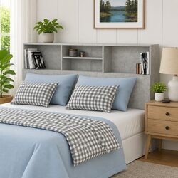 Headboard Cabinet Grey Wall-Mounted Bedroom Storage Bookcase with Compartments