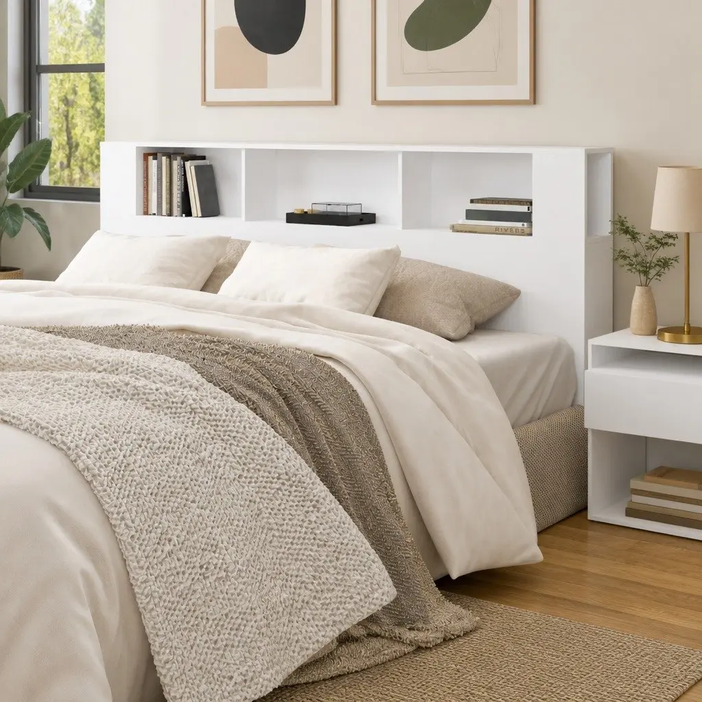 Headboard Cabinet White 200cm Wall Storage Organiser Bedroom Furniture Unit