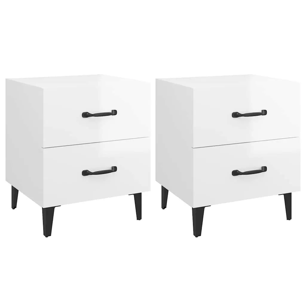 Bedside Cabinets White High Gloss 2 Piece Storage Drawers Metal Legs