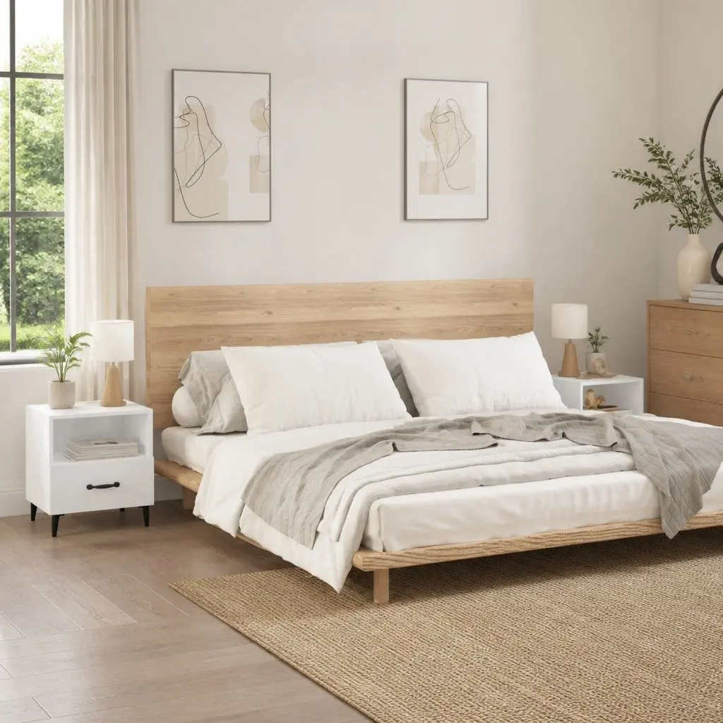 Bedside Cabinets High Gloss White Engineered Wood 2 Piece Nightstand with Drawer and Shelf