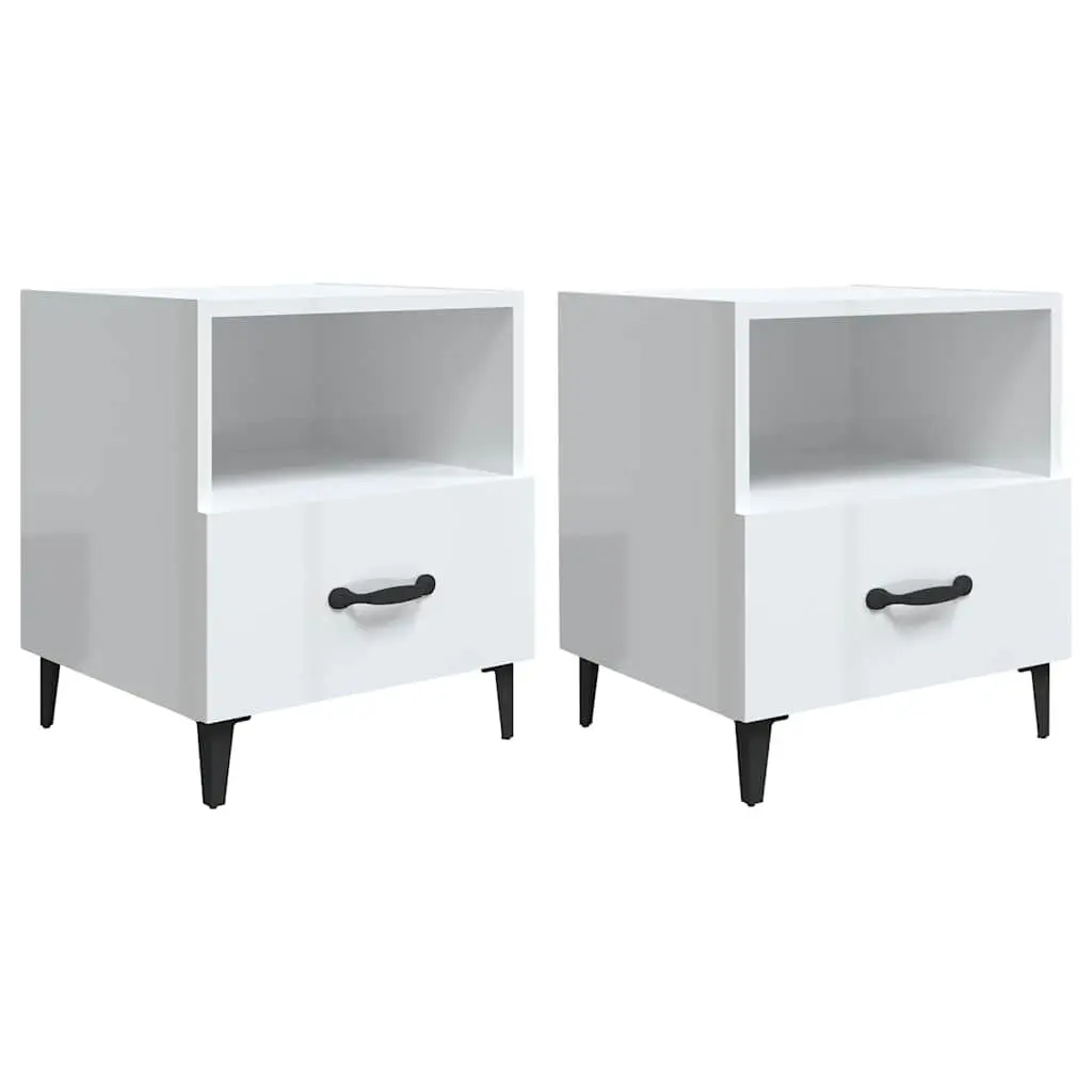 Bedside Cabinets High Gloss White Engineered Wood 2 Piece Nightstand with Drawer and Shelf