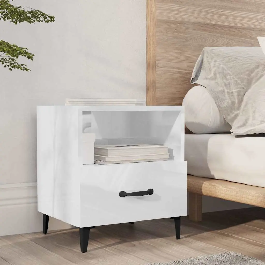 Bedside Cabinets High Gloss White Engineered Wood 2 Piece Nightstand with Drawer and Shelf