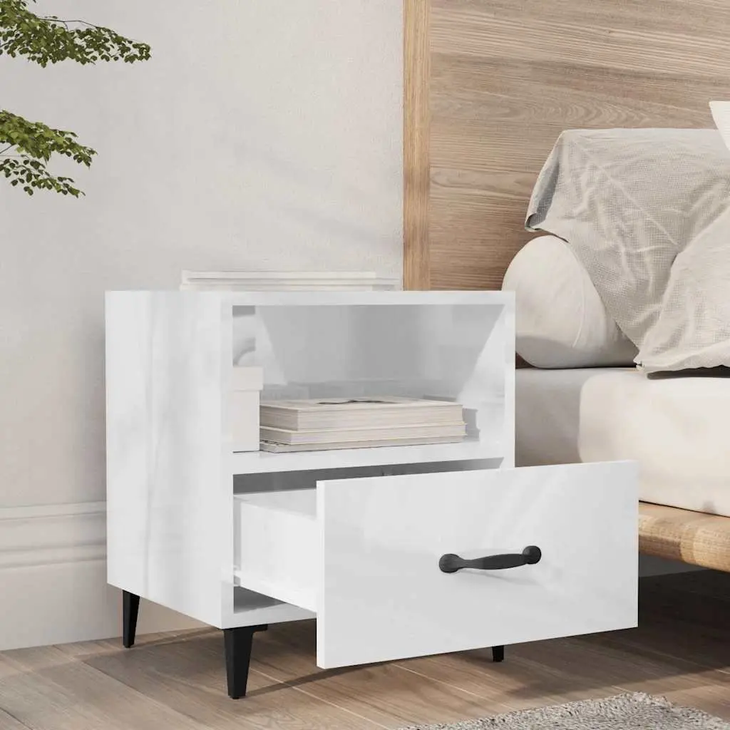 Bedside Cabinets High Gloss White Engineered Wood 2 Piece Nightstand with Drawer and Shelf