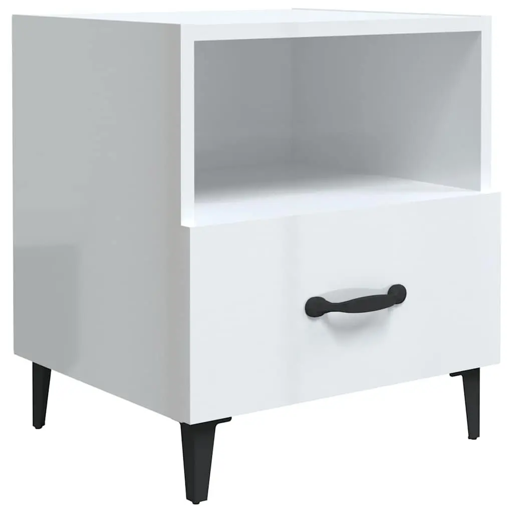 Bedside Cabinets High Gloss White Engineered Wood 2 Piece Nightstand with Drawer and Shelf