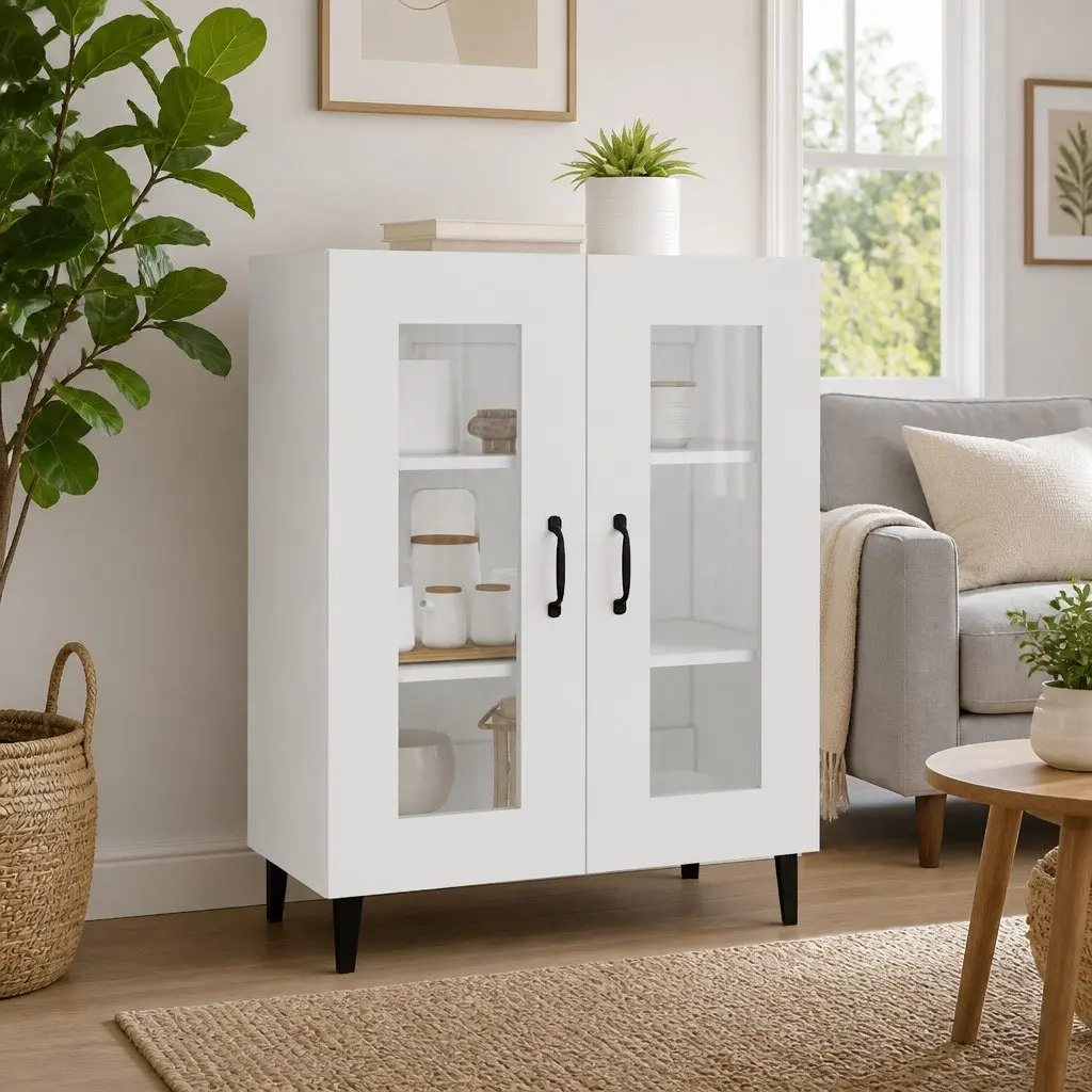 White Sideboard Cabinet with Glass Doors 69.5 x 34 x 90 cm Engineered Wood