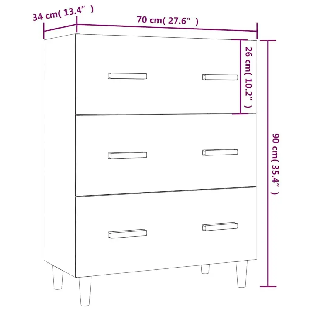 High Gloss White Sideboard Cabinet with 3 Drawers 70x34x90cm Storage Buffet