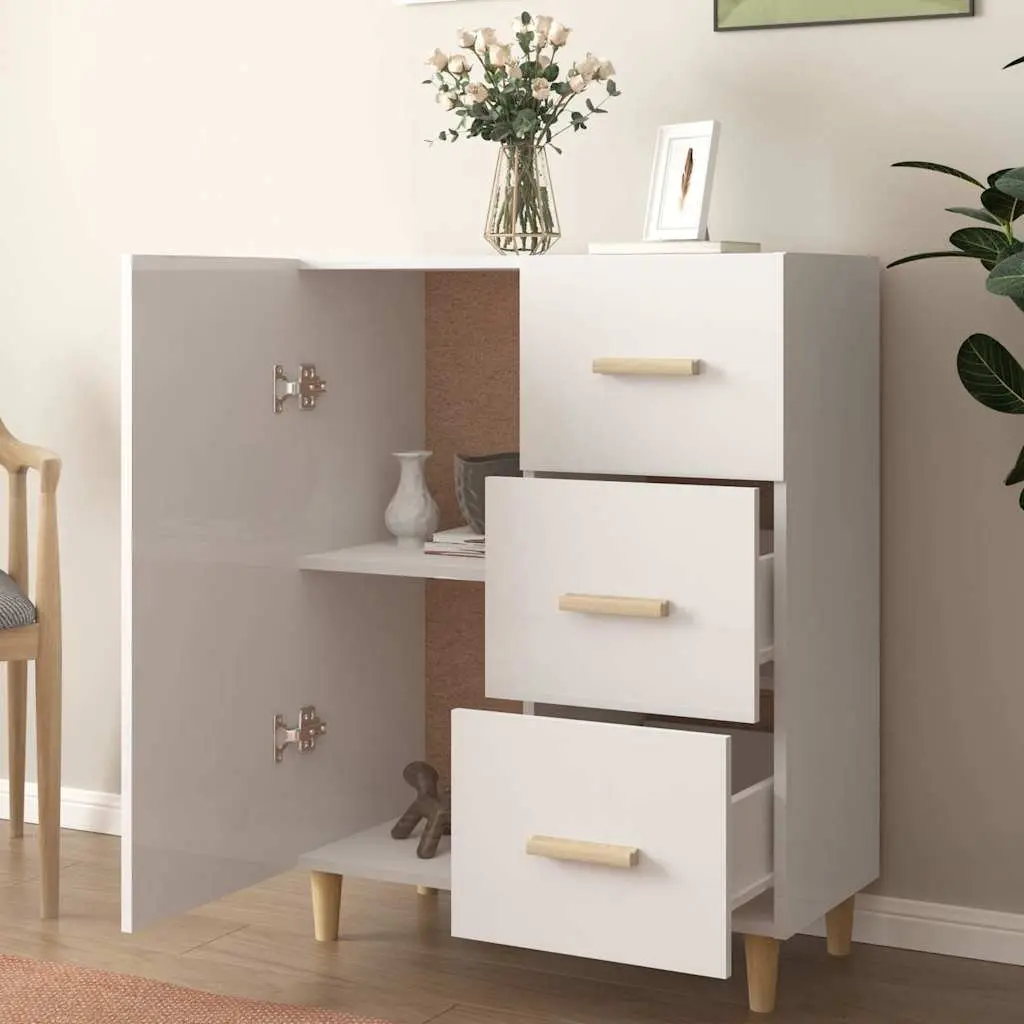 High Gloss White Sideboard Storage Cabinet Engineered Wood 3 Drawers 69.5Wx34Dx90H cm