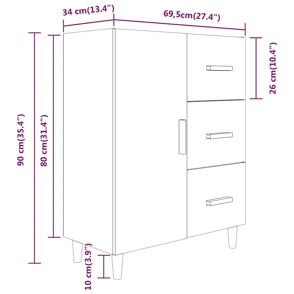High Gloss White Sideboard Storage Cabinet Engineered Wood 3 Drawers 69.5Wx34Dx90H cm