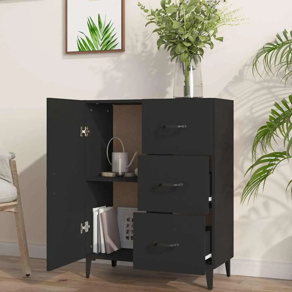 Black Sideboard Cabinet Engineered Wood 69.5x34x90cm Storage Buffet with 1 Door and 3 Drawers