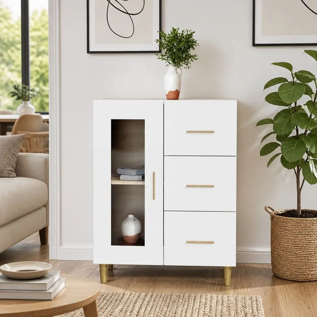 Engineered Wood Sideboard Storage Cabinet with Glass Door and Drawers High Gloss White 69.5W x 34D x 90H cm