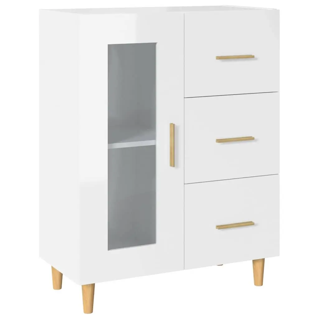 Engineered Wood Sideboard Storage Cabinet with Glass Door and Drawers High Gloss White 69.5W x 34D x 90H cm