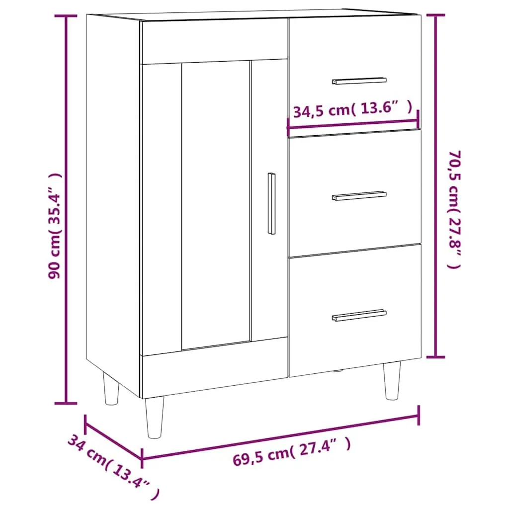 Engineered Wood Sideboard Storage Cabinet with Glass Door and Drawers High Gloss White 69.5W x 34D x 90H cm