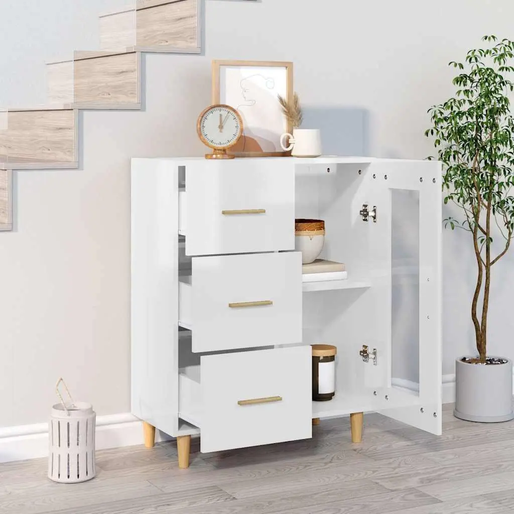 Engineered Wood Sideboard Storage Cabinet with Glass Door and Drawers High Gloss White 69.5W x 34D x 90H cm