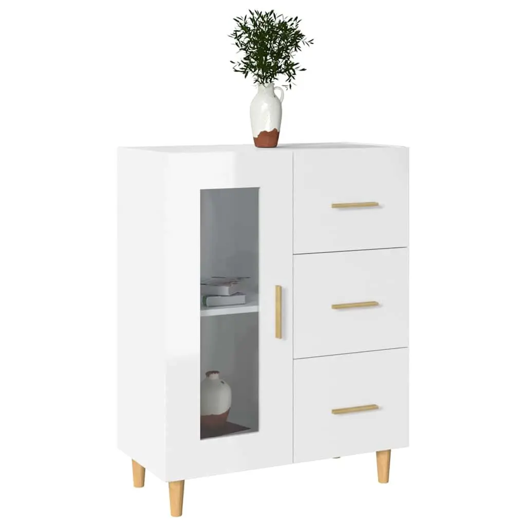 Engineered Wood Sideboard Storage Cabinet with Glass Door and Drawers High Gloss White 69.5W x 34D x 90H cm