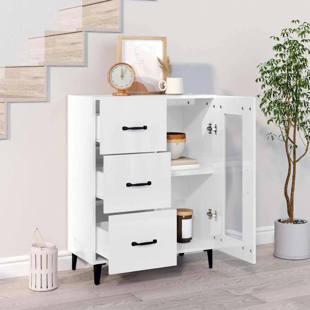 Storage Cabinet Engineered Wood High Gloss White 69.5x34x90cm with Glass Door and Drawers