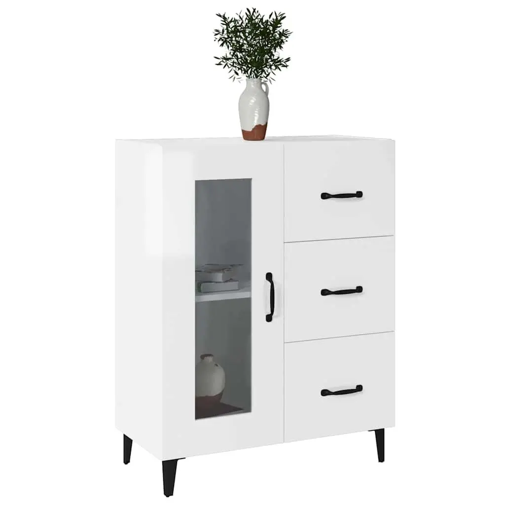 Storage Cabinet Engineered Wood High Gloss White 69.5x34x90cm with Glass Door and Drawers