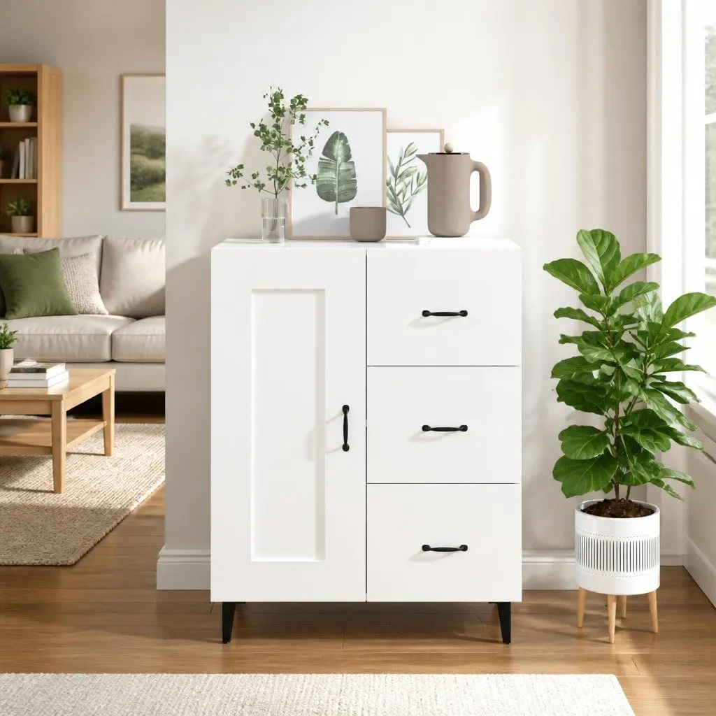 Sideboard High Gloss White Engineered Wood 69.5 x 34 x 90 cm