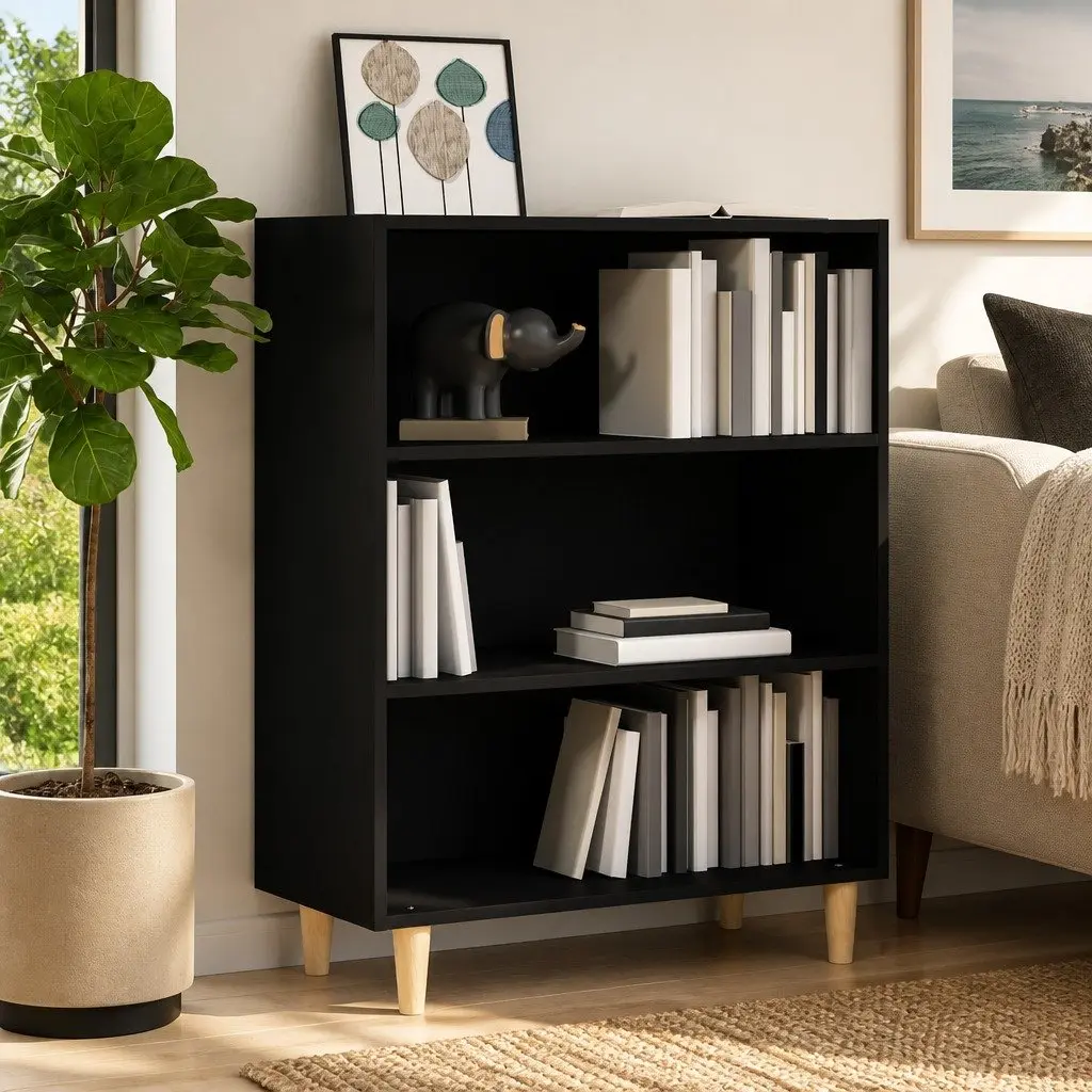 Black Engineered Wood Sideboard Cabinet with 3 Shelves for Home Storage and Display