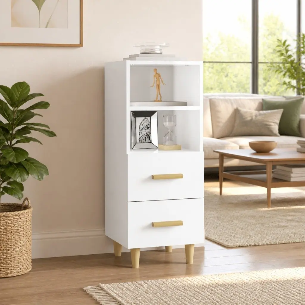 Sideboard High Gloss White Storage Cabinet 2 Drawers 2 Shelves Engineered Wood 34.5 x 34 x 90 cm
