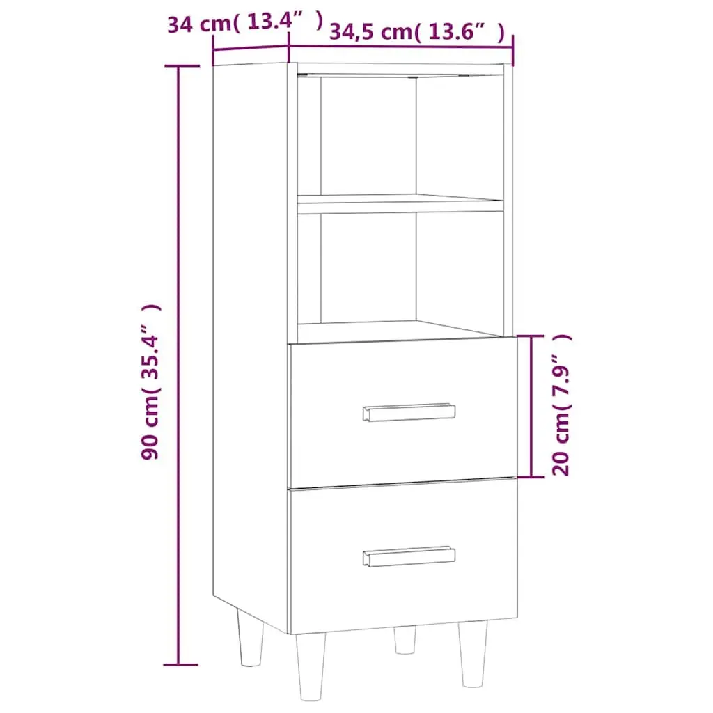 Sideboard High Gloss White Storage Cabinet 2 Drawers 2 Shelves Engineered Wood 34.5 x 34 x 90 cm
