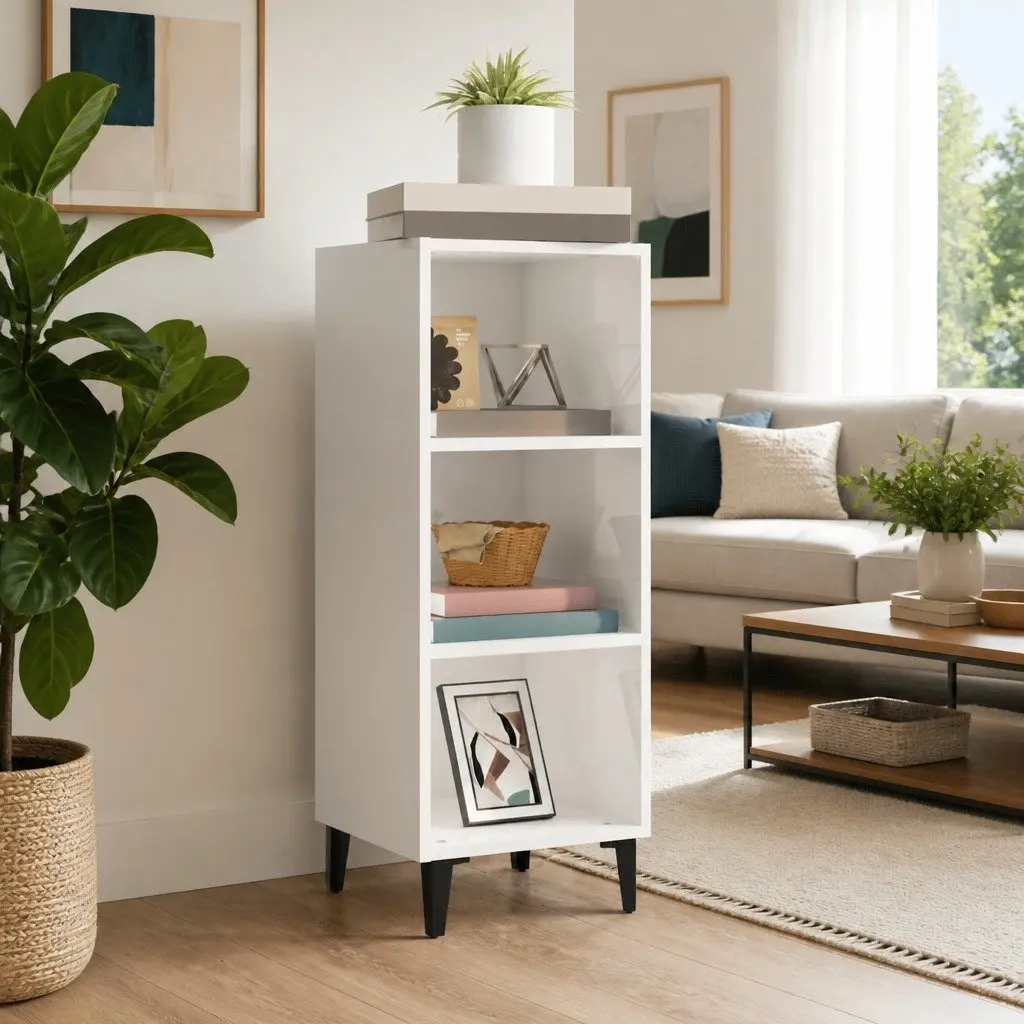 Sideboard Cabinet High Gloss White 34.5x32.5x90cm 3 Compartments