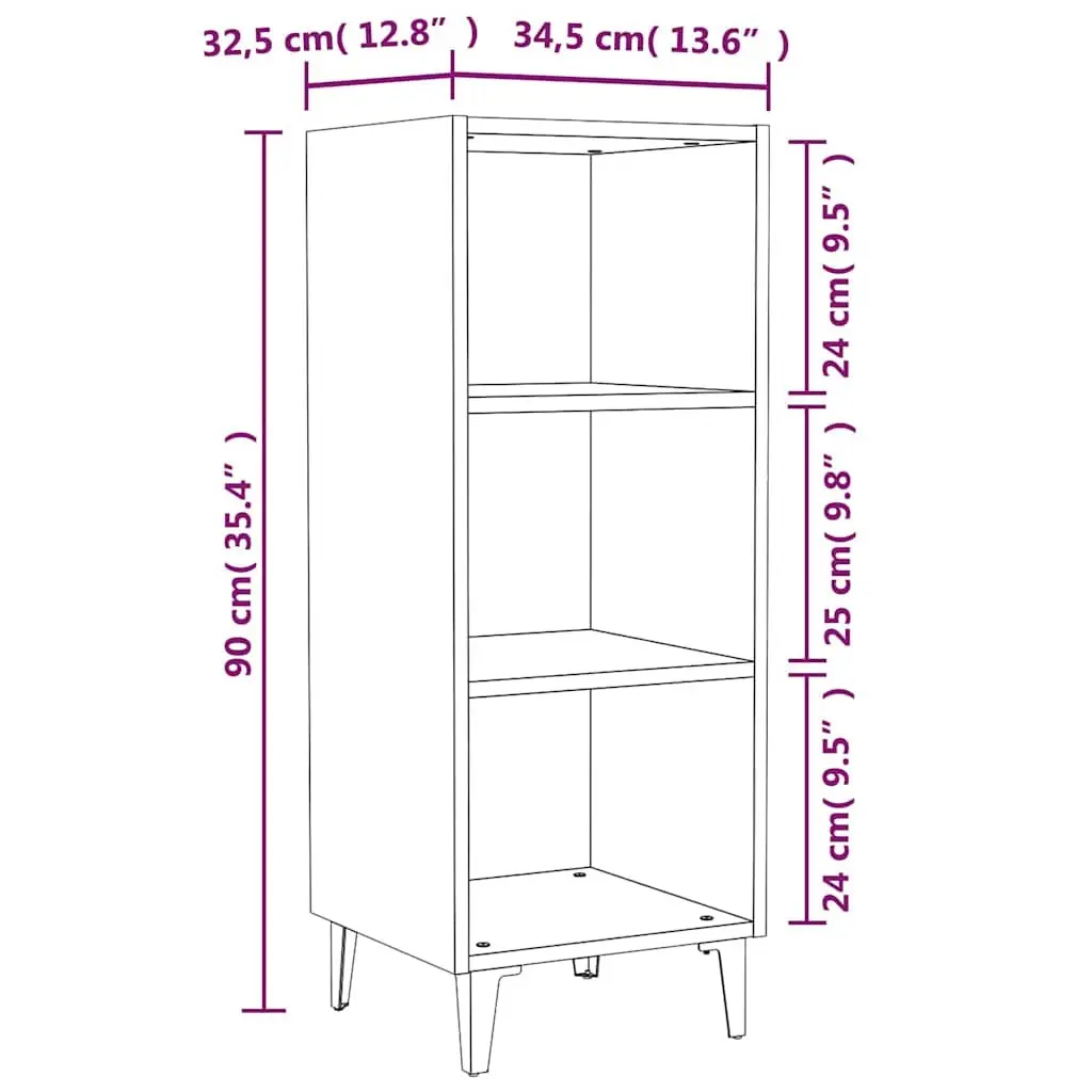 Sideboard Cabinet High Gloss White 34.5x32.5x90cm 3 Compartments
