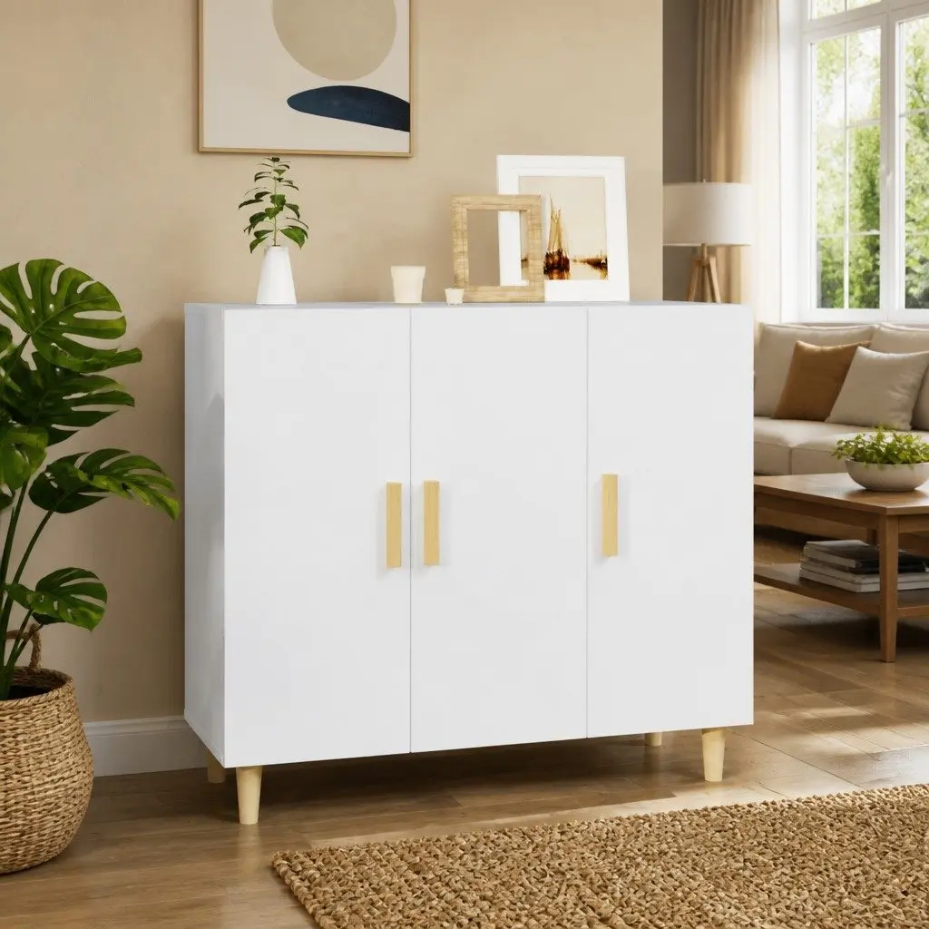 Sideboard White 90x34x80 cm 3 Door Storage Cabinet Buffet Furniture