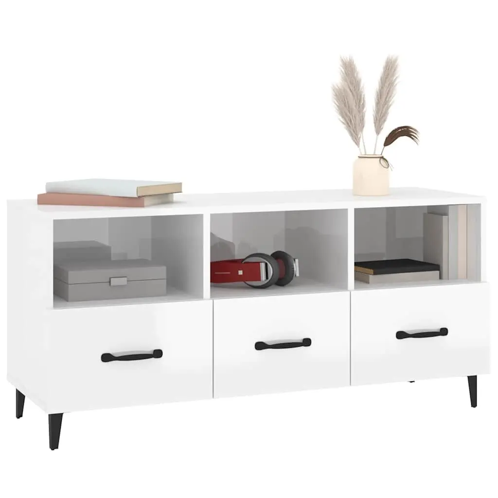 TV Cabinet High Gloss White Modern Media Unit with Drawers and Shelves 102 x 35 x 50 cm